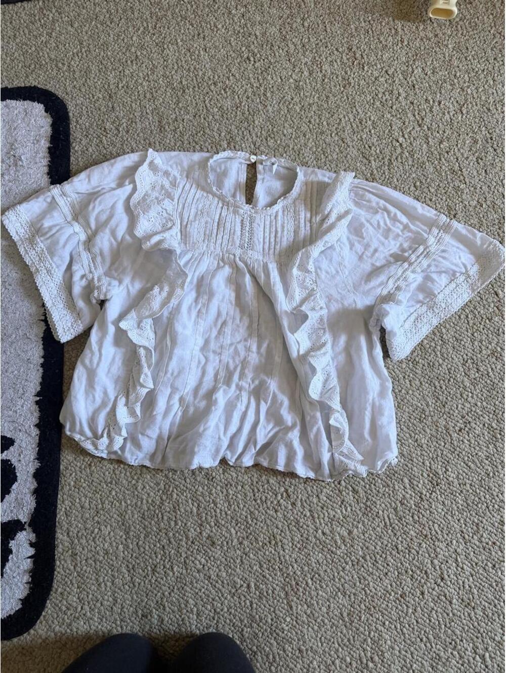 Mango White ruffle blouse with lace trim